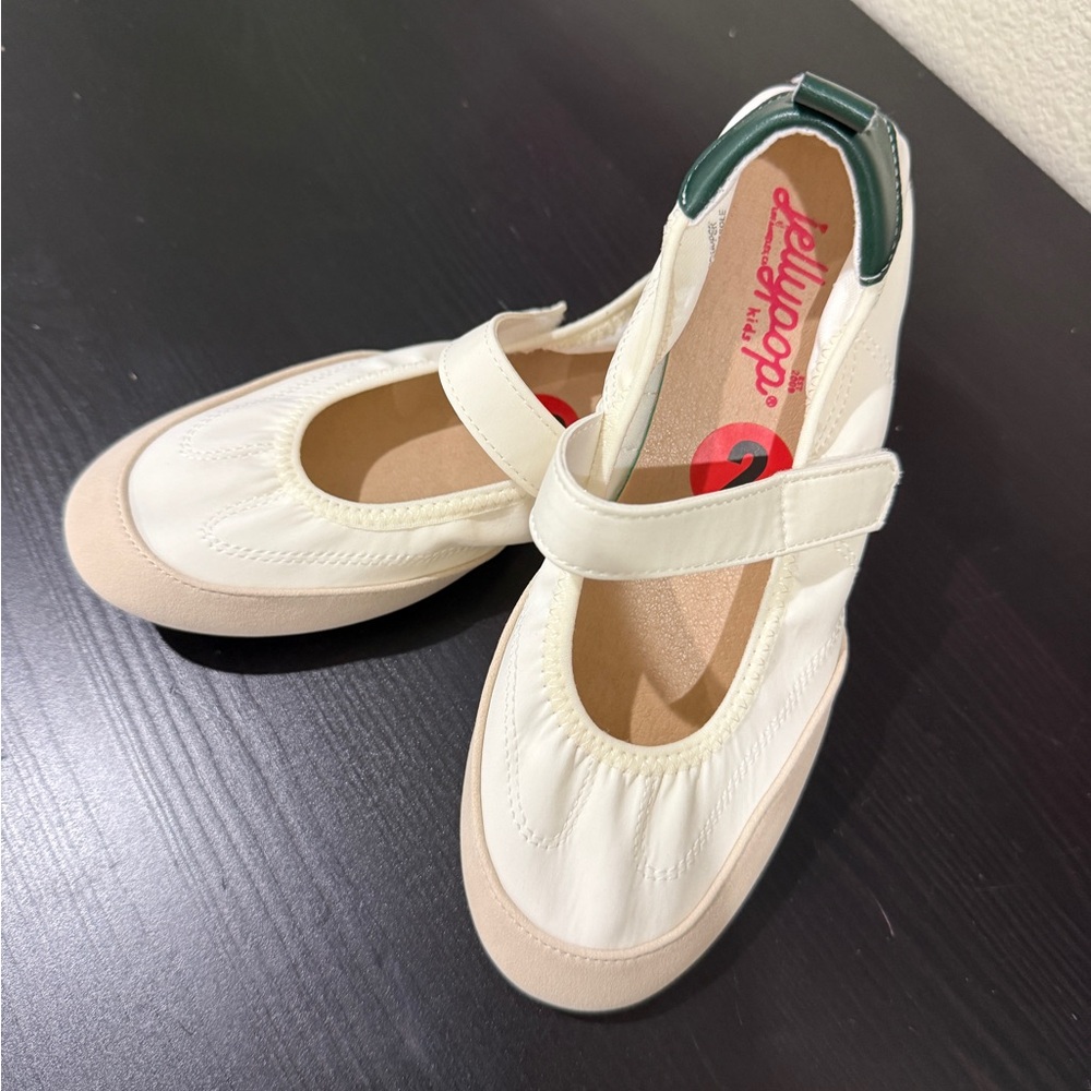 Jellypop Cream and Beige Mary Jane Sneakers with Green Heel Tab